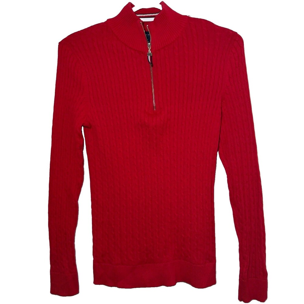 Tommy Hilfiger Women’s Red Cable Knit Quarter Zip Sweater 100% Cotton S/P